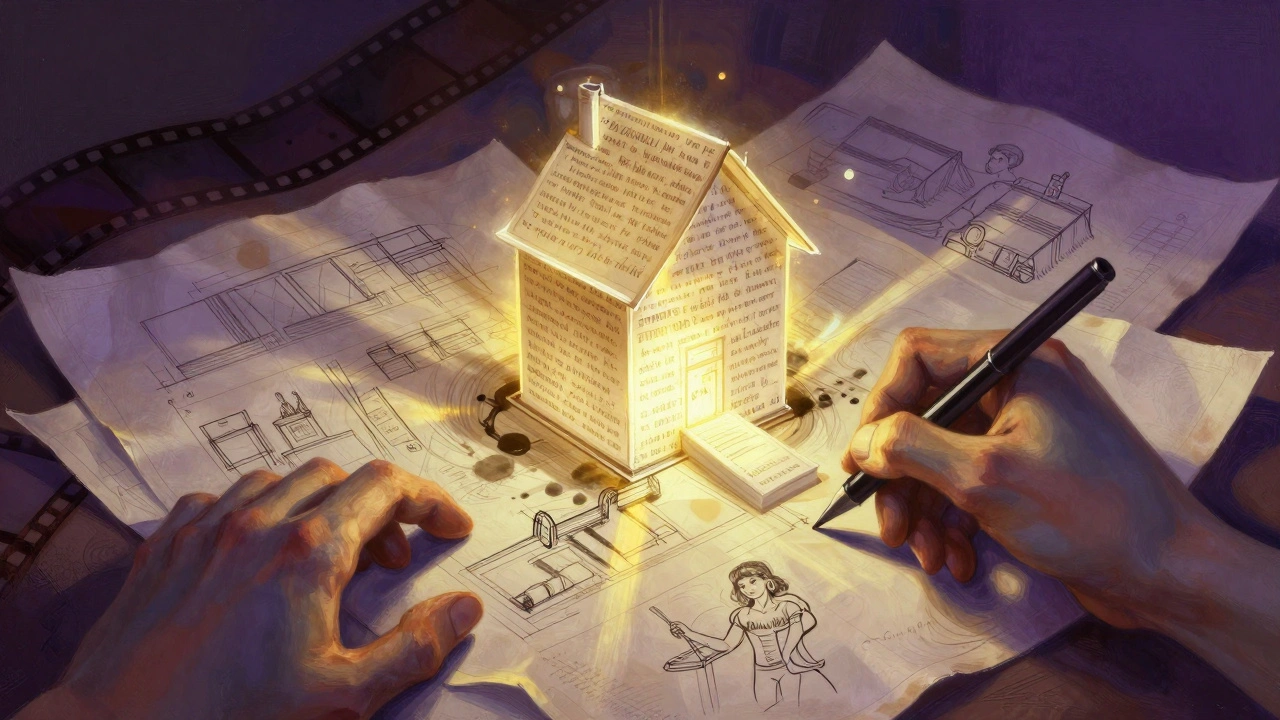 Surreal artwork showing a screenwriter adding cinematic elements around a glowing text core.