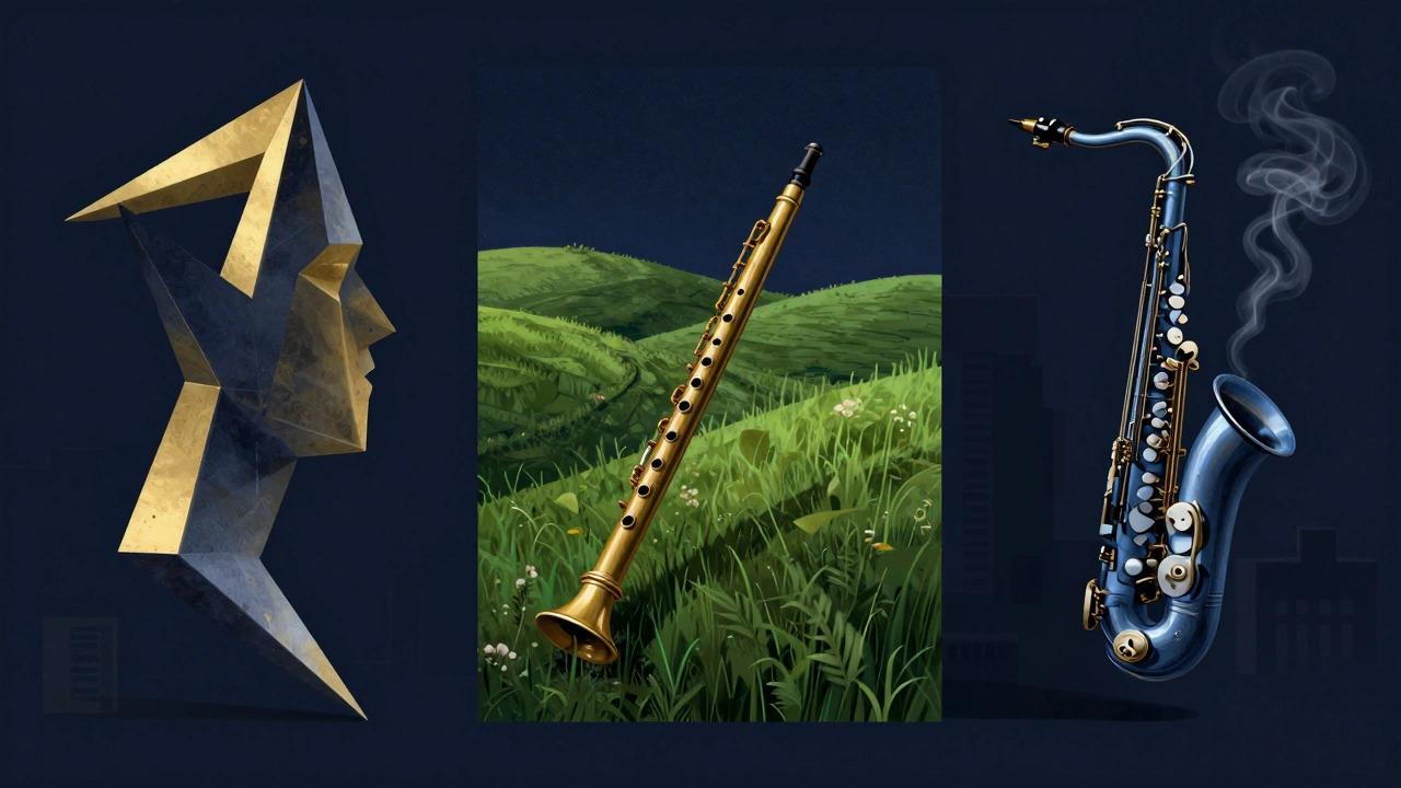 Surreal collage of a metallic structure, a green hill, and a blue saxophone