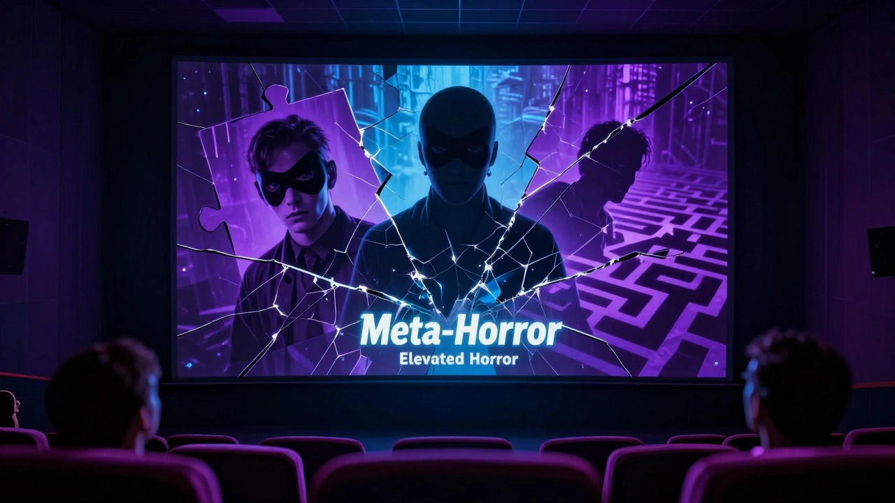 Surreal composition of a shattered cinema screen showing various slasher elements