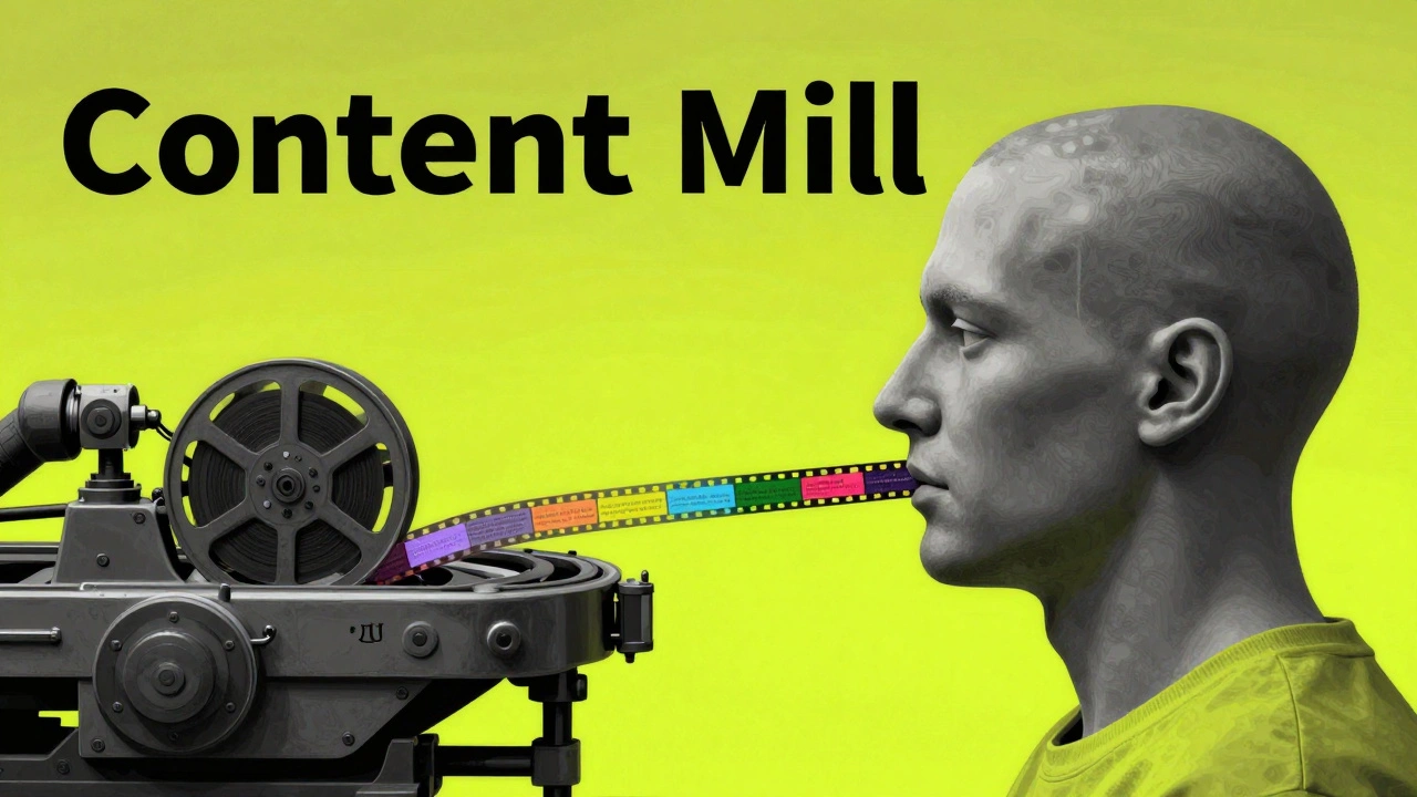 Surreal illustration of a head as a conveyor belt turning films into repetitive text.