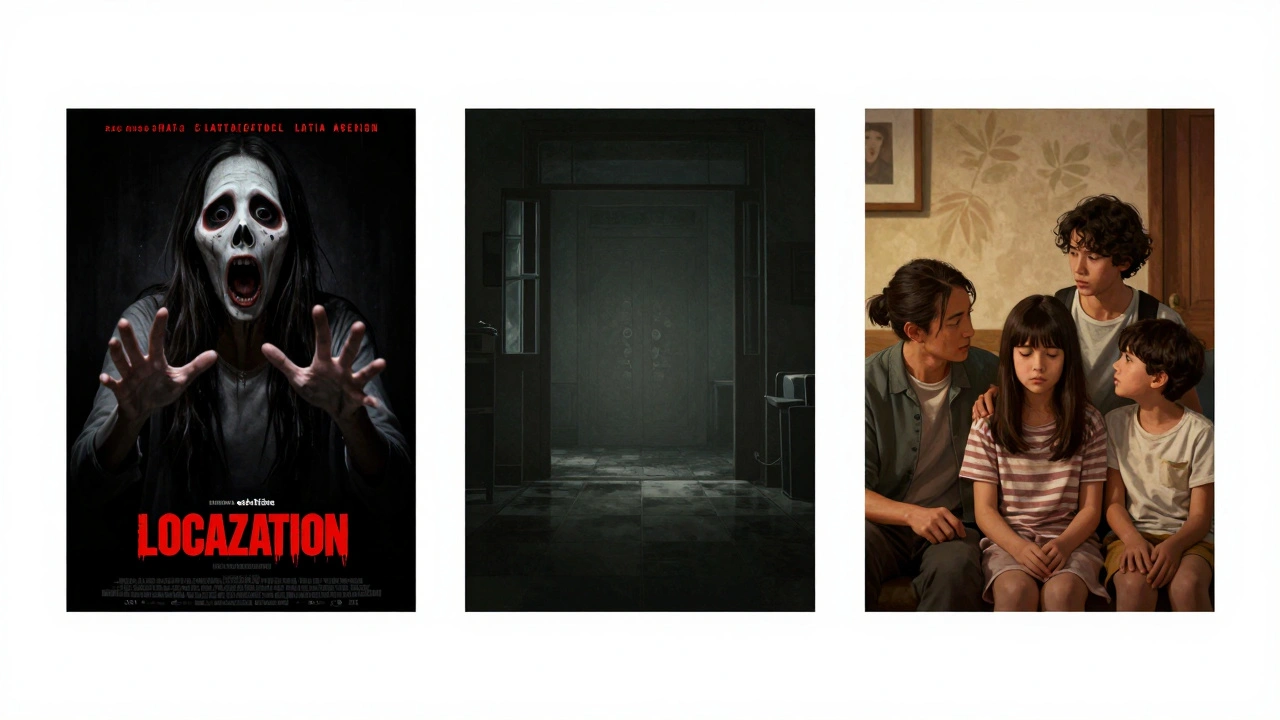 Three different versions of a movie's marketing, showing cultural localization for US, Japan, and Latin America.