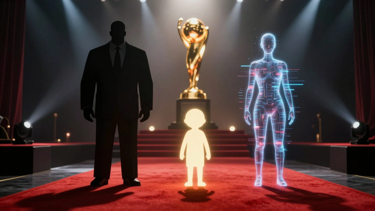 Three symbolic figures representing different studio archetypes competing for a golden award trophy.