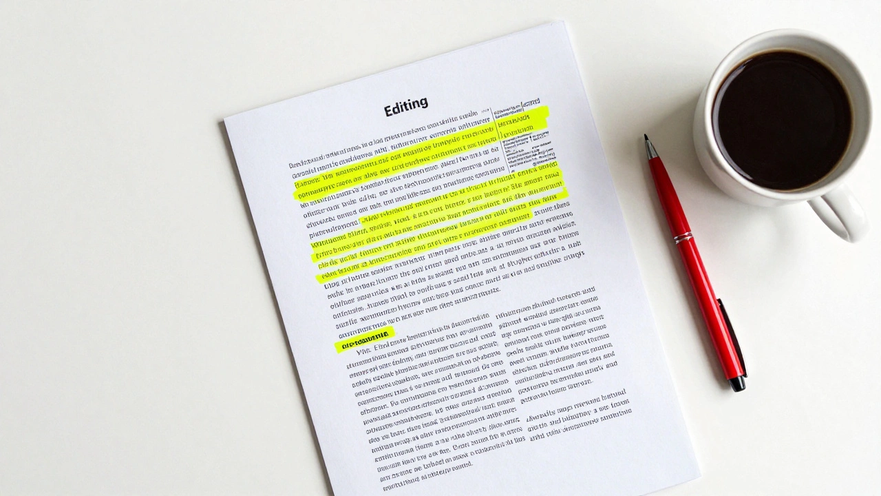 Top-down view of a manuscript with highlighted text and a red pen on a desk