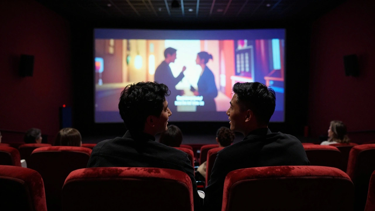 Two people networking in a movie theater during a short film festival screening