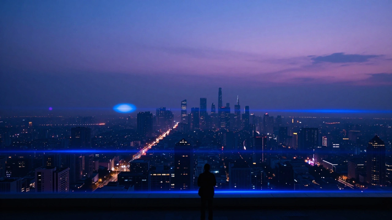Ultra-wide anamorphic shot of a city with horizontal blue flares and oval bokeh.