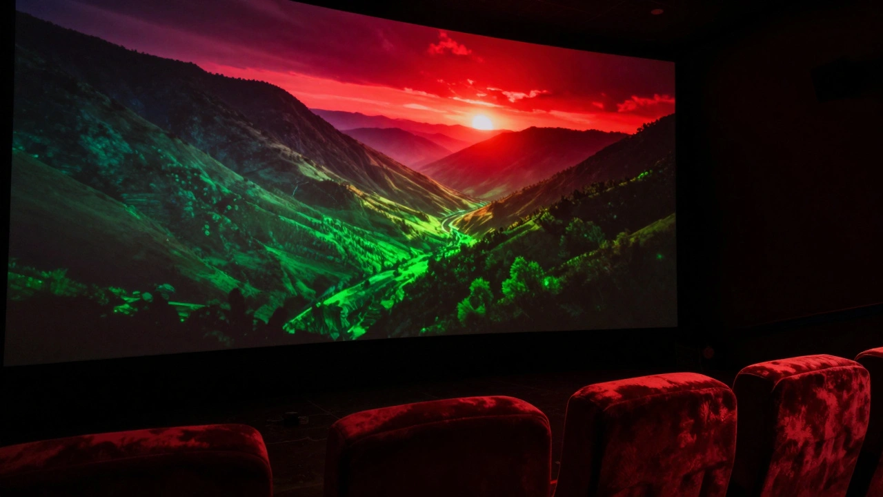 Vibrant high-contrast movie scene on a cinema screen with deep blacks