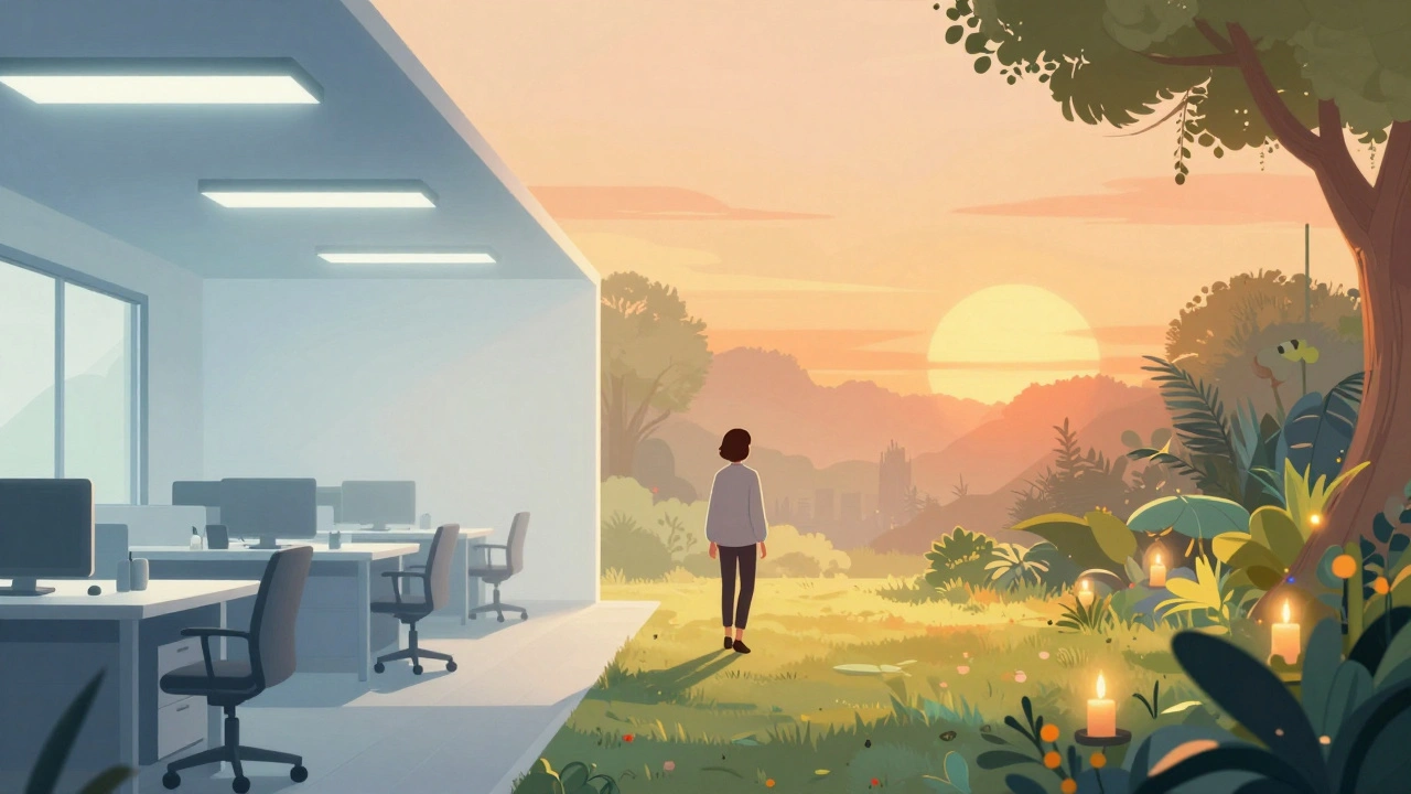 Visual transition from a cold, blue corporate office to a warm, golden sunset garden.