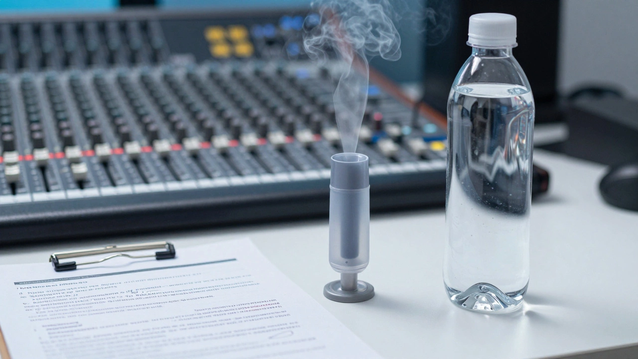 Vocal steaming device and water bottle on a studio table next to a production script.