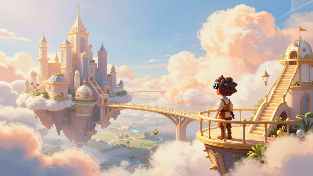 Whimsical 3D animated city on floating islands with a soft watercolor style.