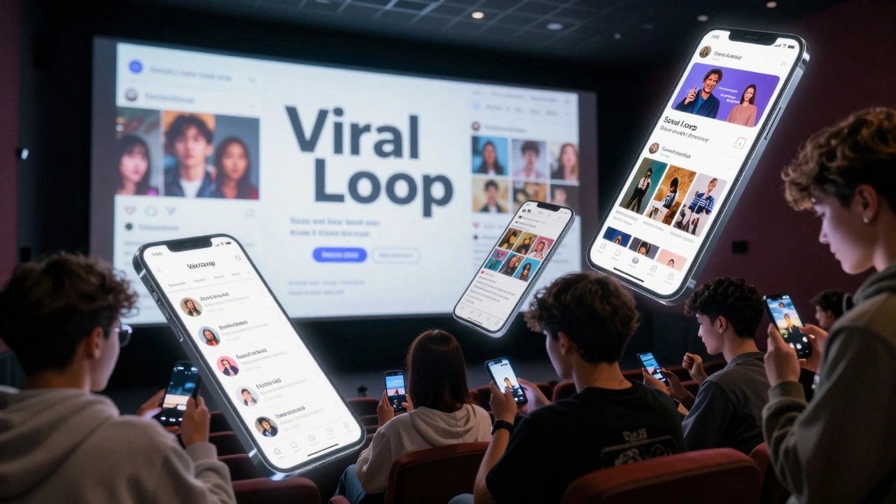 Young people looking at smartphones in a movie theater, with social media feeds floating in the air.