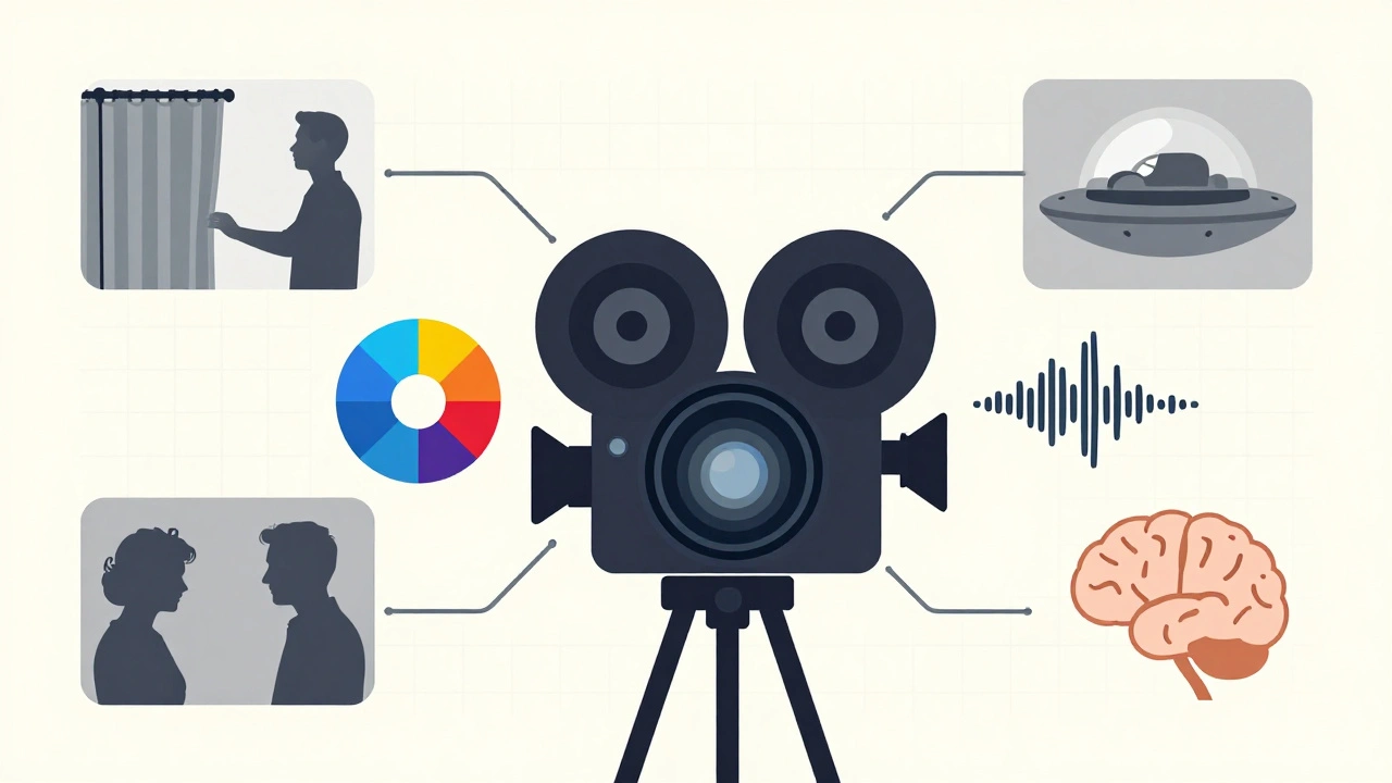 A diagrammatic illustration of film analysis tools like color wheels and sound waves around a lens.