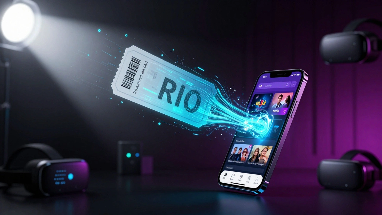 A movie ticket transforming into digital data flowing into a streaming device.