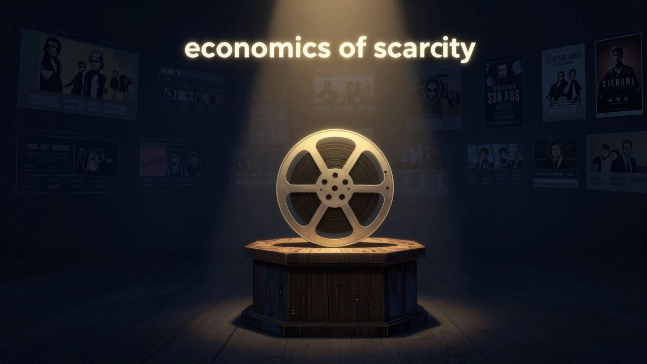 A single glowing film reel on a pedestal in a dark room, symbolizing scarcity