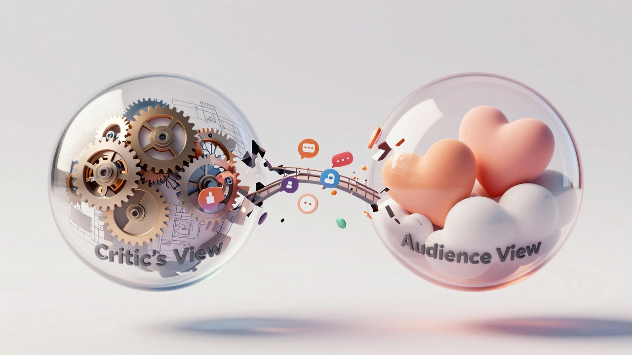 Abstract 3D spheres representing technical craft vs emotional connection in film review.