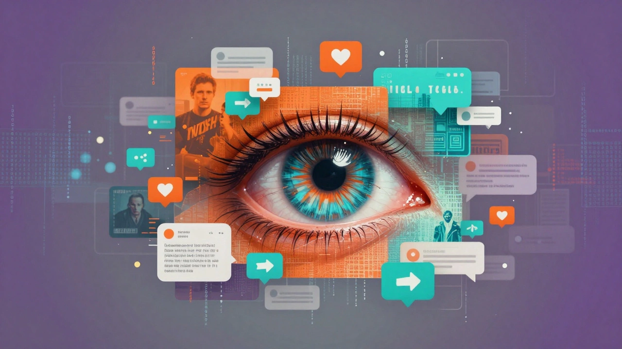 Abstract art of a digital eye analyzing social media icons and data streams for film forecasting.