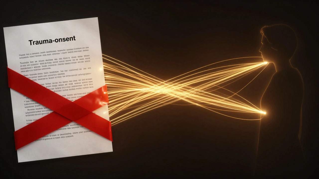 Abstract art showing legal forms transforming into golden threads of trust and consent.
