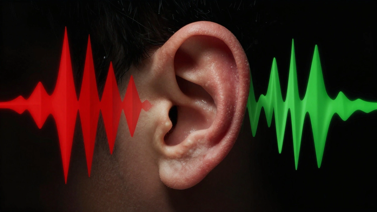 Abstract ear surrounded by contrasting diegetic and non-diegetic sound waves.