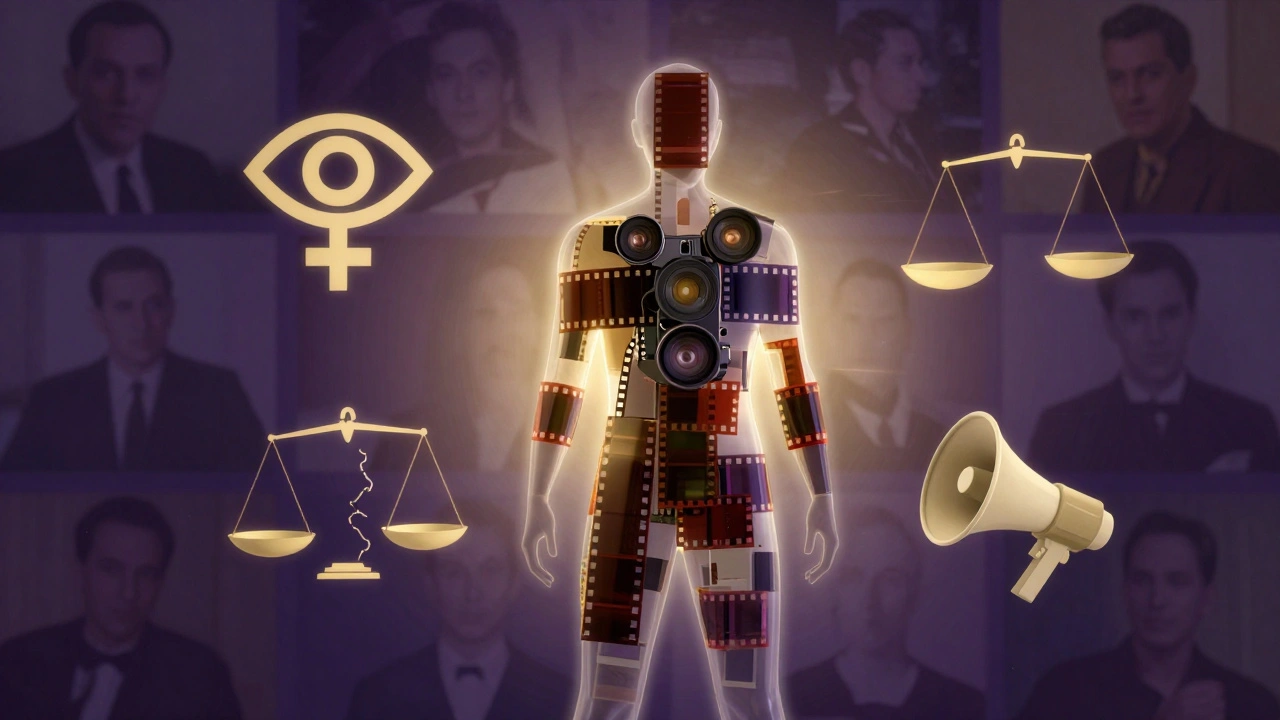Abstract figure made of film strips surrounded by theory symbols