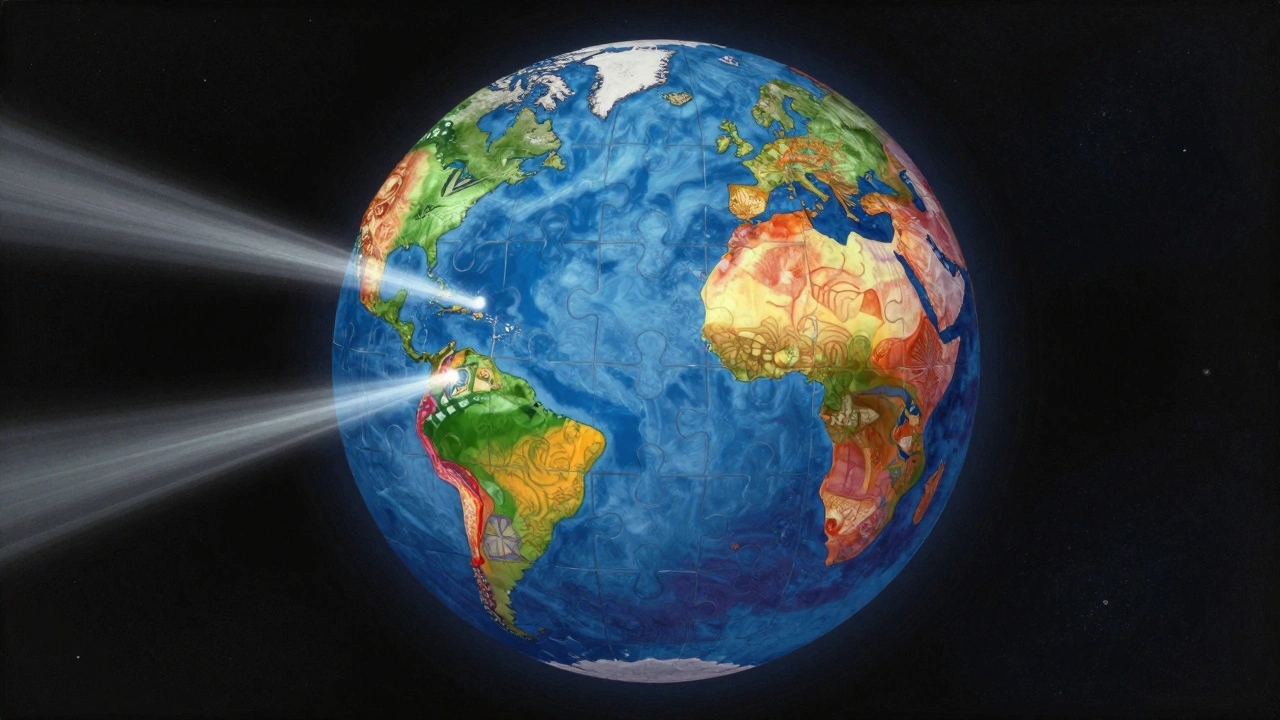Abstract globe made of colorful cultural puzzle pieces connected by light beams.