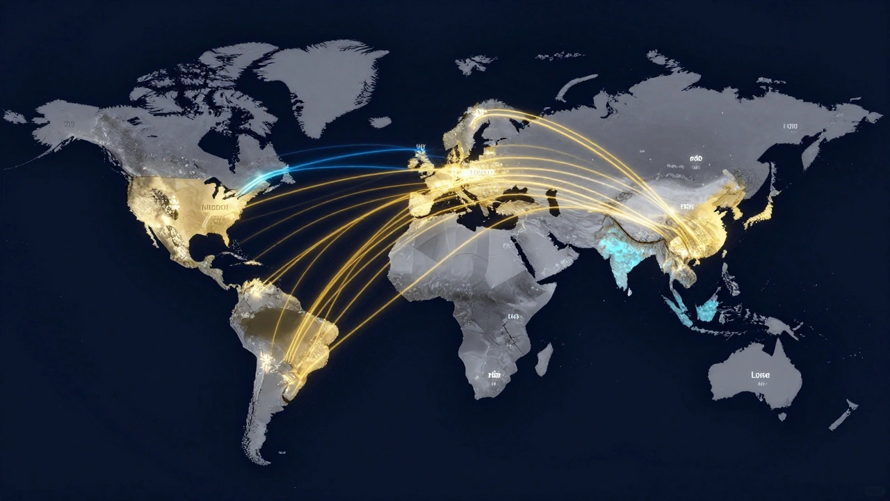 Abstract glowing map showing global movie revenue flows