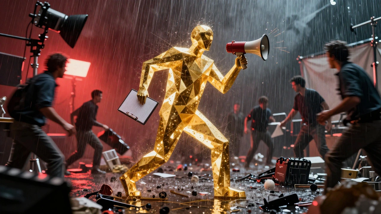 Abstract guarantor figure intervening to save a chaotic film set from failure.