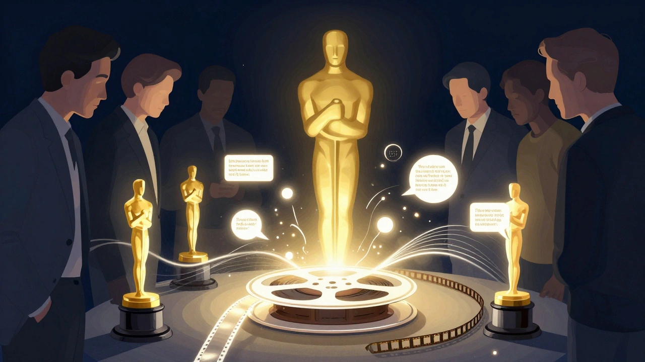 Abstract illustration of a film reel generating Oscar-like prestige and buzz among silhouettes