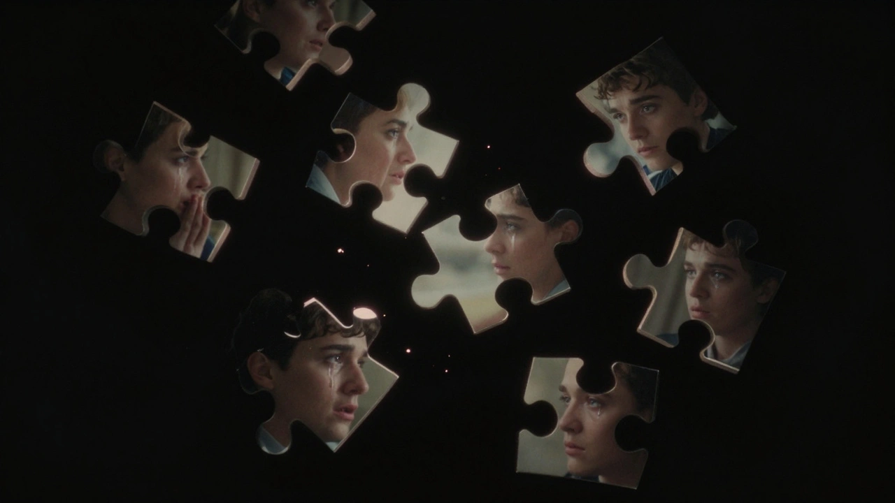 Abstract shards of film scenes floating in dark space
