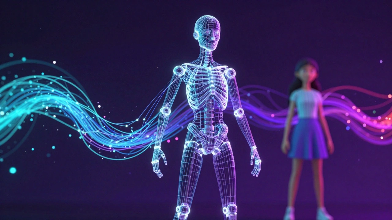 Abstract visualization of AI automating character rigging and animation frames