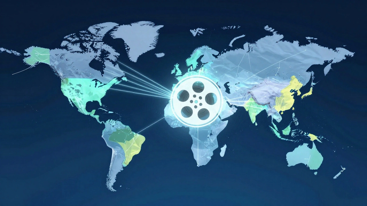 Abstract visualization of global film distribution rights and funding flows.