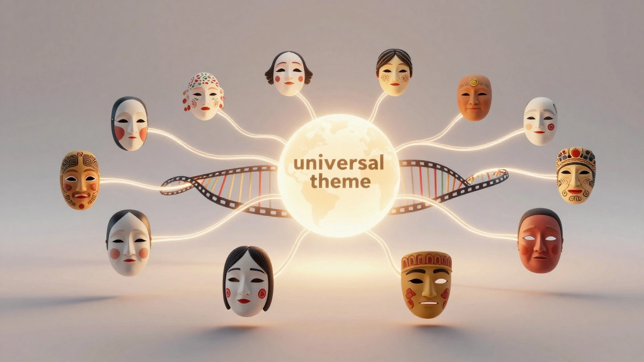 Abstract visualization of global stories merging into universal themes