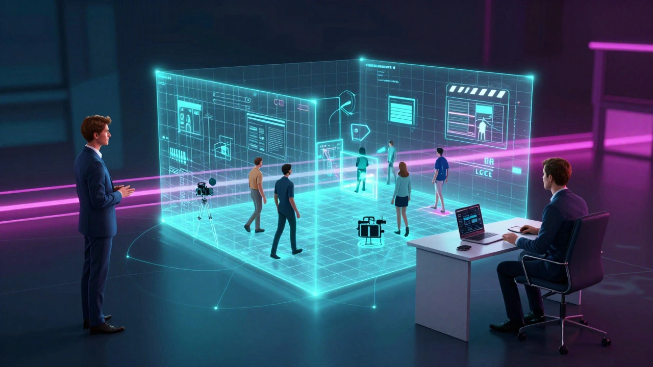 Abstract visualization of remote filmmakers collaborating via holographic 3D models across different cities.
