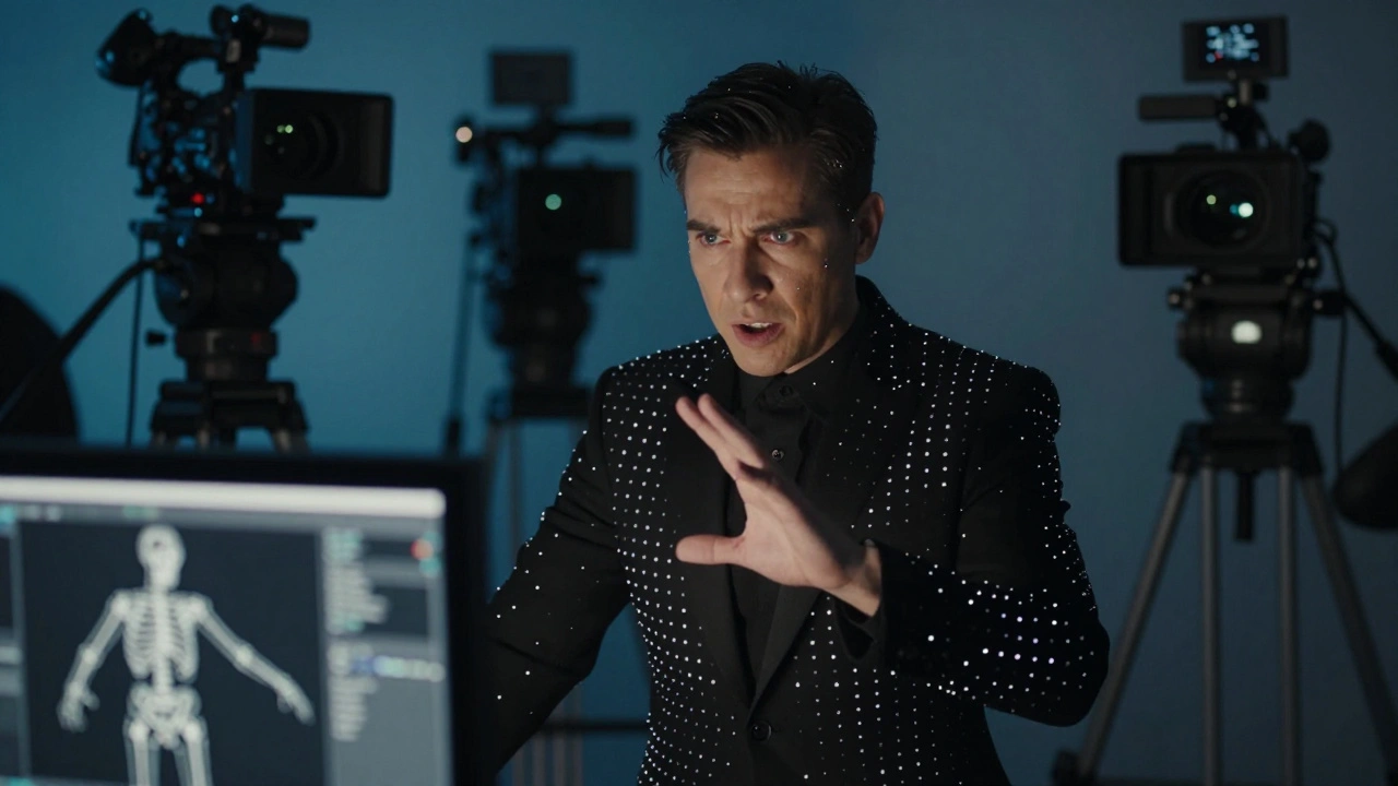 Actor in motion capture suit surrounded by cameras tracking movement data