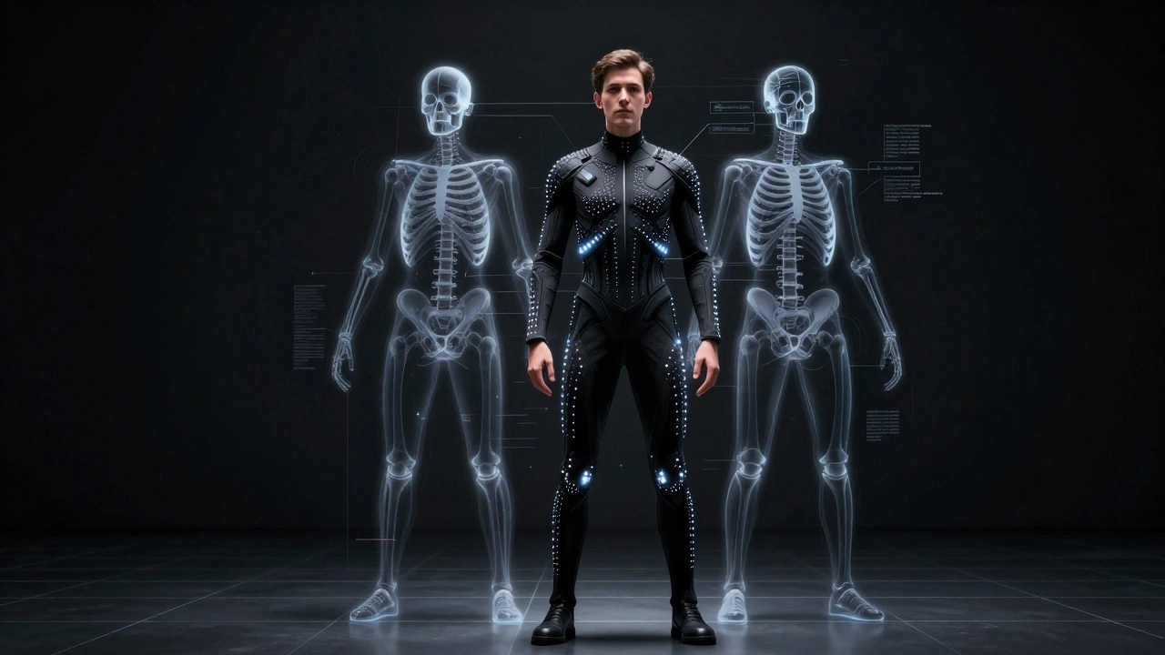 Actor in motion capture suit with digital skeleton overlay visualization