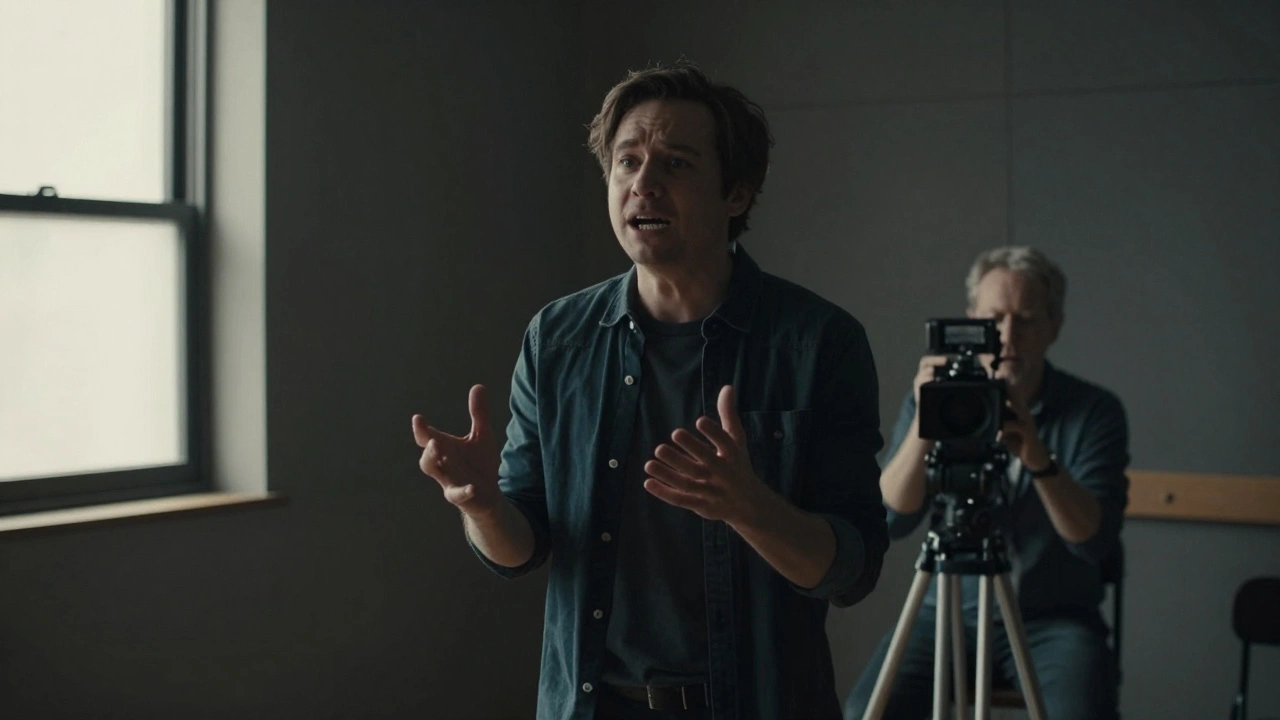 Actor performing emotionally in an intimate audition room