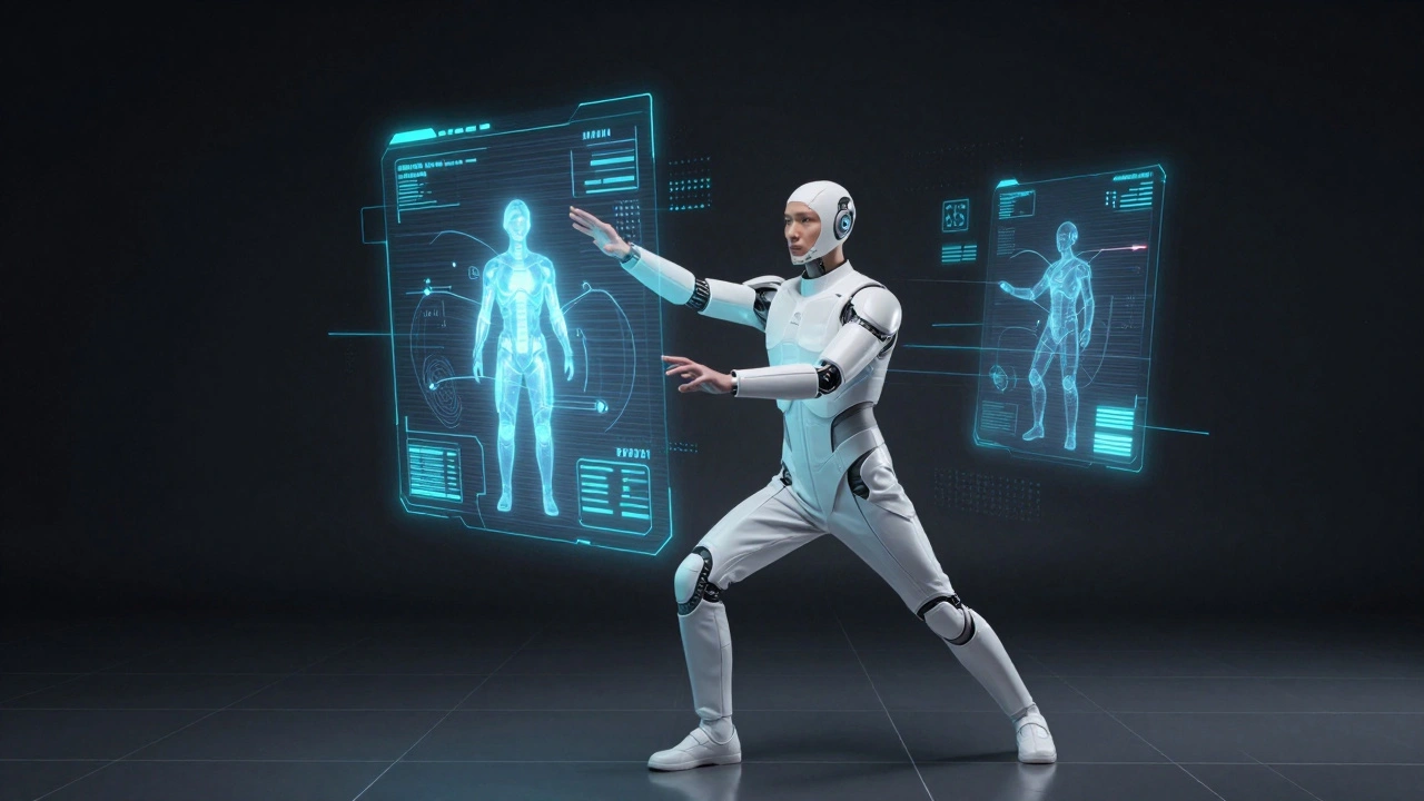 Actor using haptic suits and AR overlays for futuristic film performance aids.