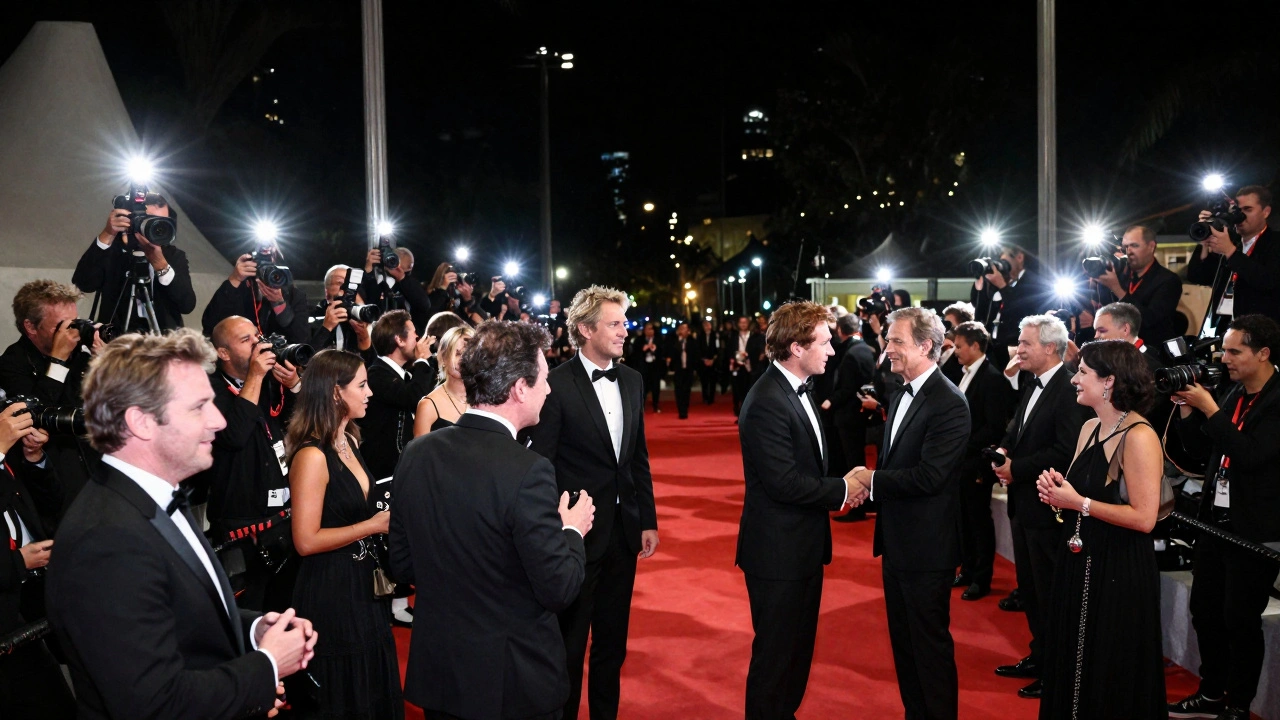 Actors and filmmakers mingling on a red carpet at a film festival premiere