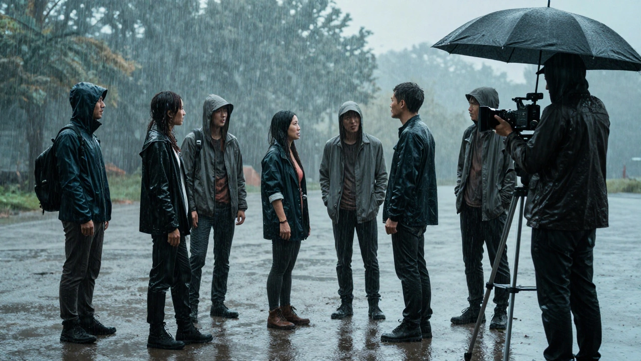 Actors filming an emotional scene in the rain, utilizing natural diffuse lighting.