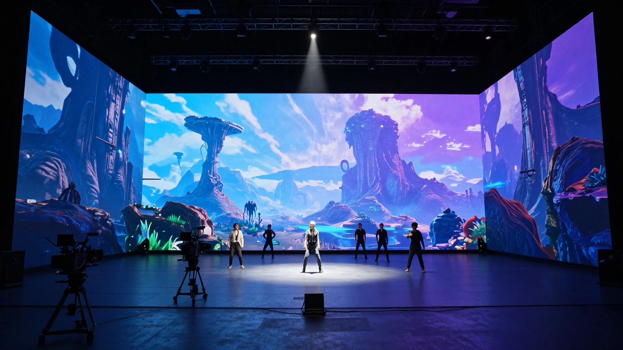 Actors filming on a virtual production stage with massive LED walls.