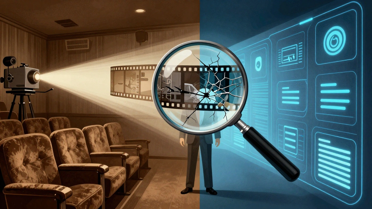 An abstract split scene contrasting vintage cinema with modern digital streaming interfaces.