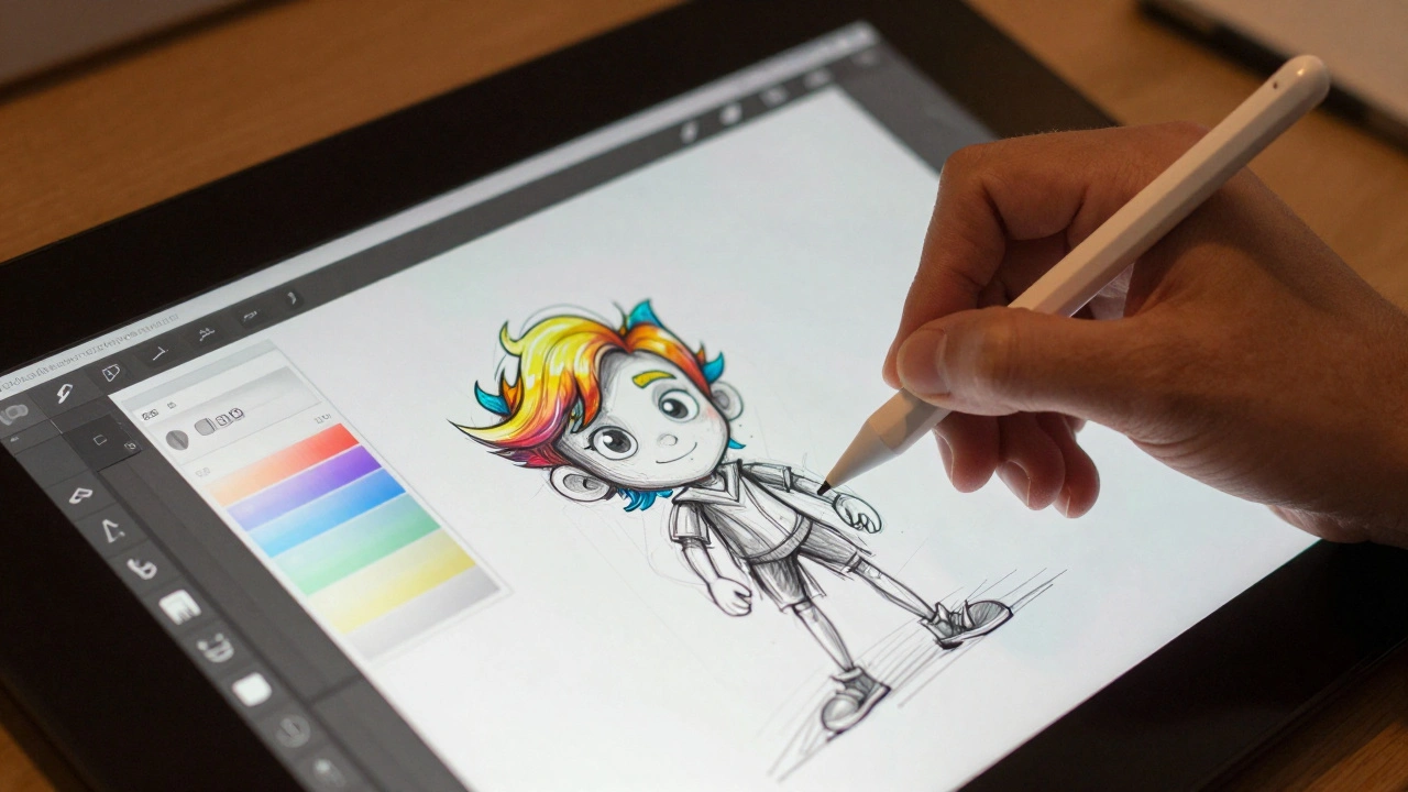 Animator using a digital stylus to draw a character on a pen display screen