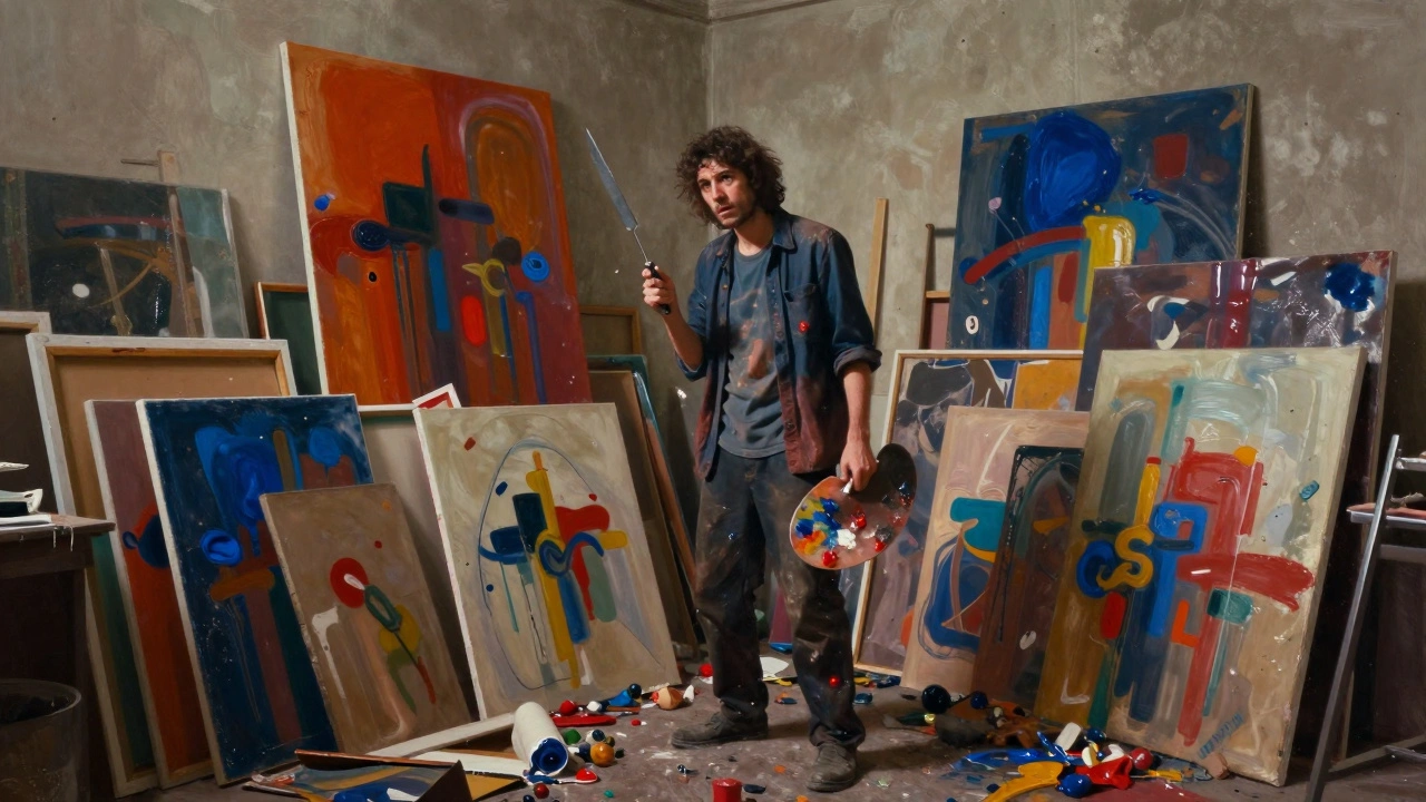 Artist standing in a chaotic studio filled with colorful abstract paintings
