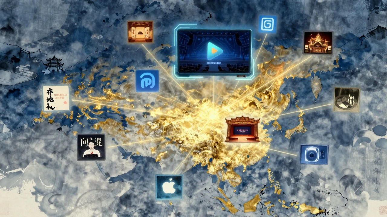 Artistic blend of traditional Asian art and digital streaming icons on a glowing map.