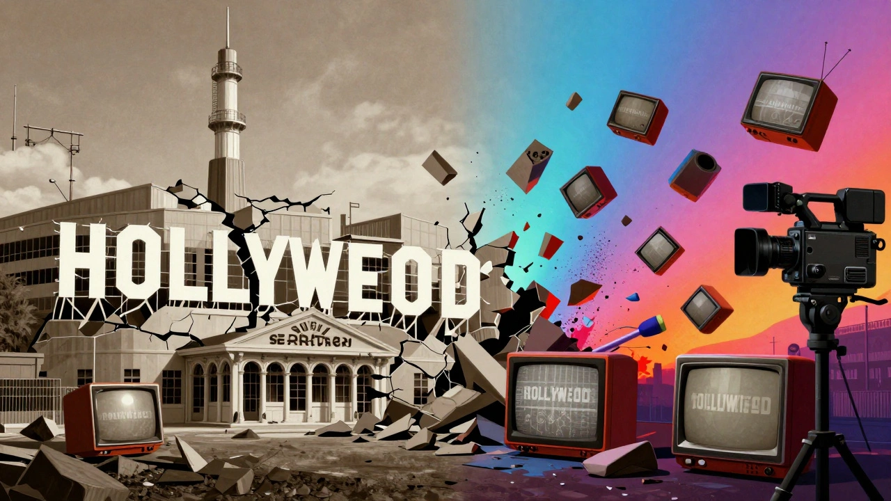 Artistic depiction of crumbling studio structures giving way to TV and independent cinema