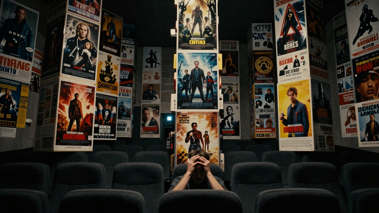 Audience member overwhelmed by towering stacks of movie posters