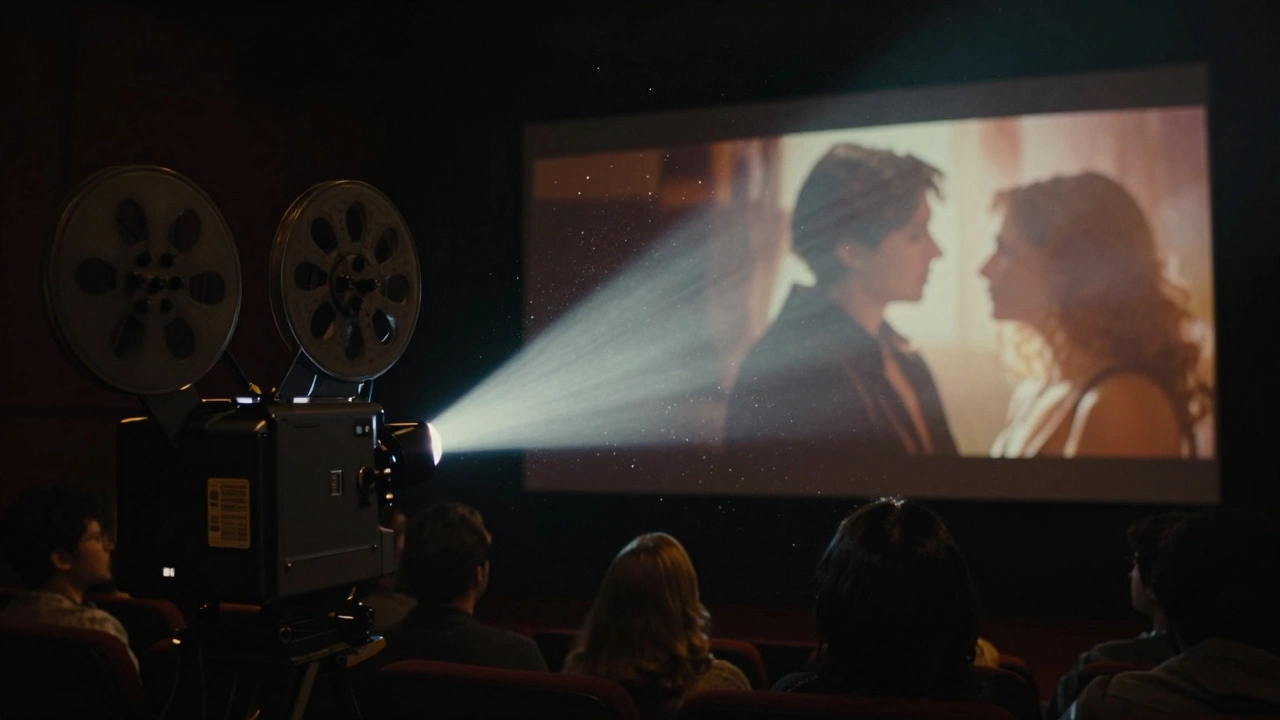 Audience watching a movie in a dark theater illuminated by projector light