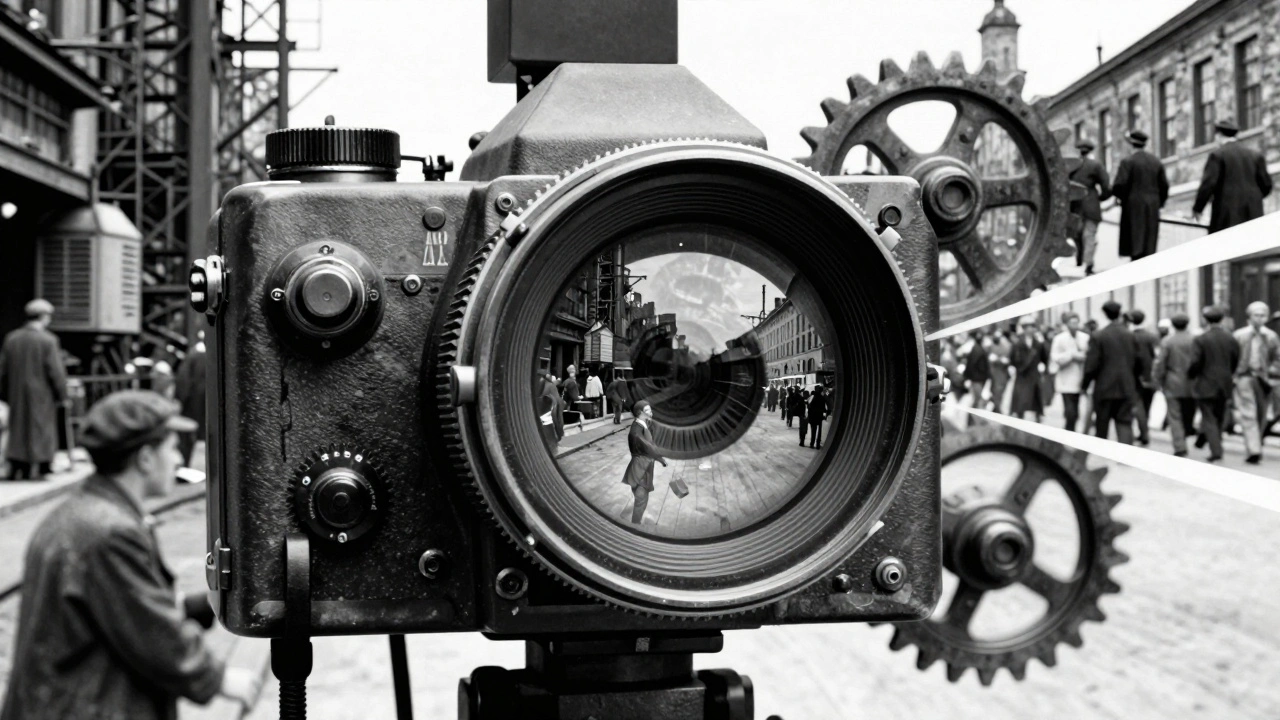 Avant-garde black and white collage representing Soviet montage with camera lenses and split screens.