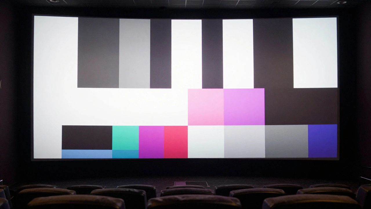 Bright, sharp test pattern displayed on a dark cinema screen