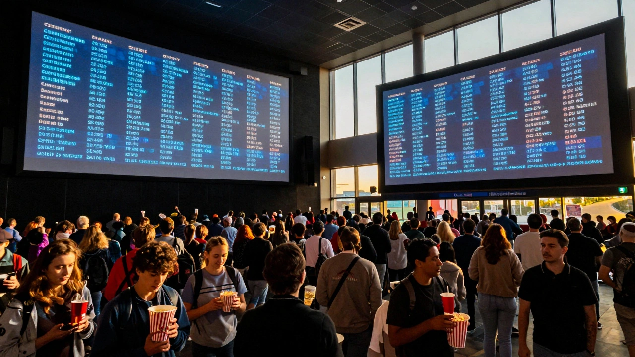 Busy cinema lobby with crowds and digital sales metrics overhead