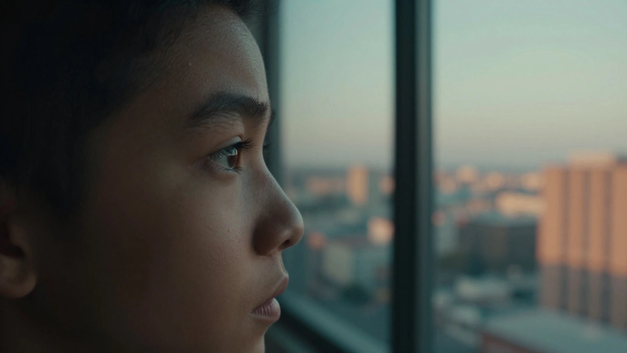 Character looking out window with shifting focus to city
