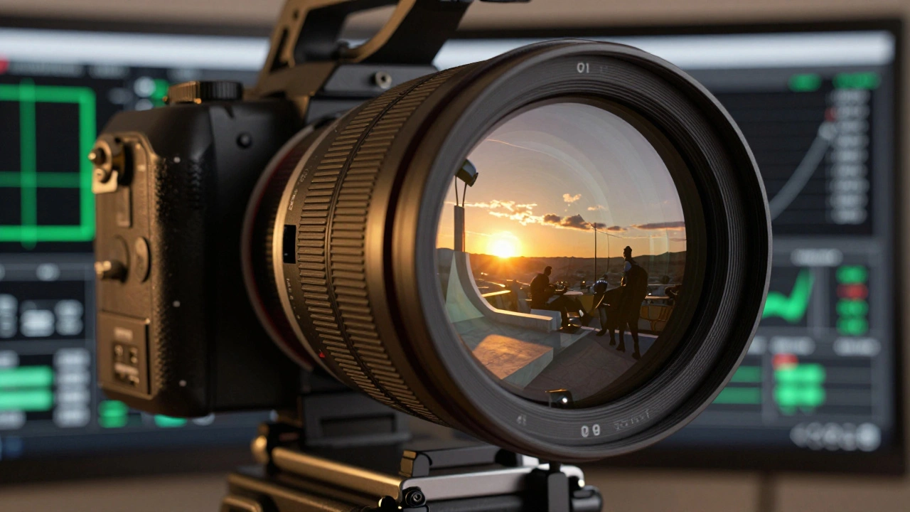 Cinema lens reflecting a 3D rendered scene, symbolizing digital previz precision.